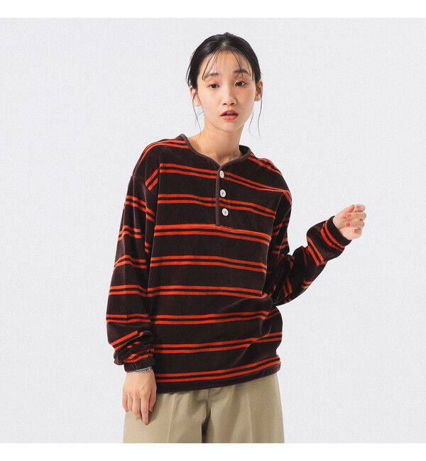 BEAMS SELECTION for WOMEN「【別注】Healthknit / ボーダー ベロア ヘンリーネック」|Tシャツ・カットソー|
