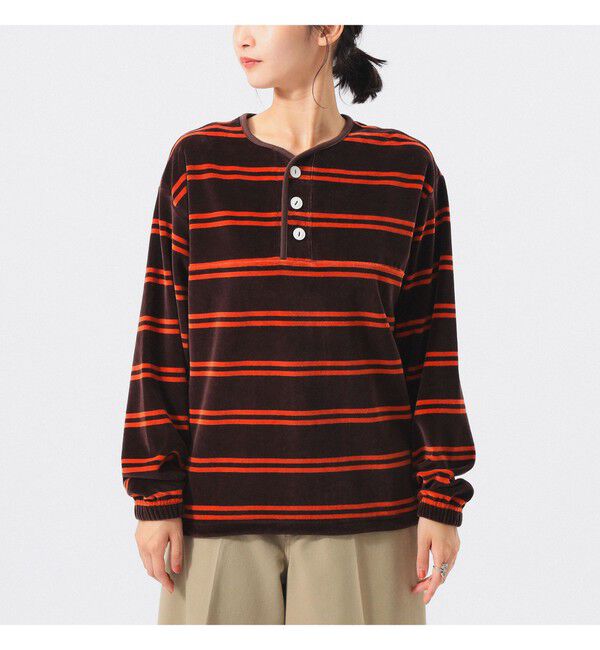 BEAMS SELECTION for WOMEN「【別注】Healthknit / ボーダー ベロア ヘンリーネック」|Tシャツ・カットソー|
