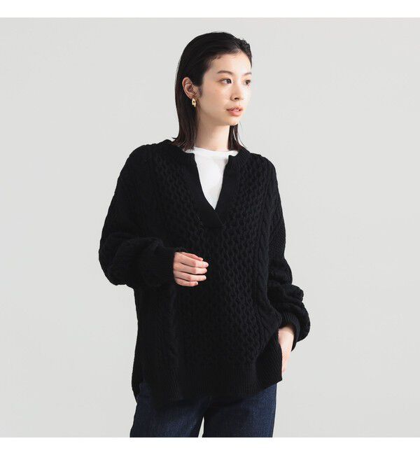 Demi-Luxe BEAMS 「5ゲージ ケーブル Vネック プルオーバー」|ニット・セーター|BLACK