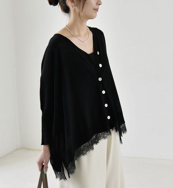 quaranciel「〈手洗い可能〉レース ヘム Vネック ポンチョ ニット カーディガン」|カーディガン|