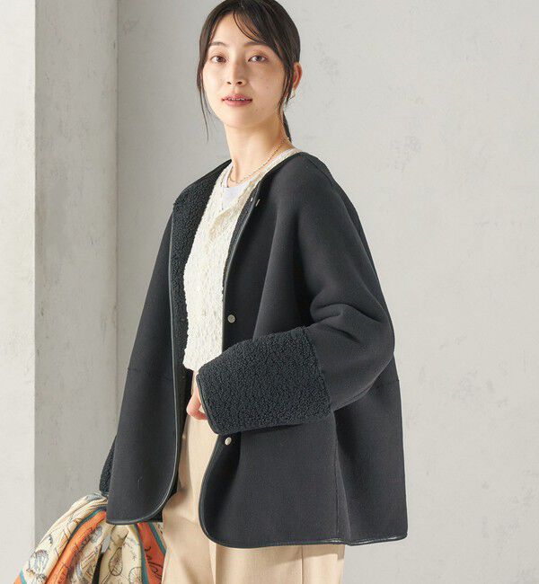 SHIPS for women「《一部予約》【一部WEB限定】〈手洗い可能〉ボア フリース リバーシブル ノーカラー コート」|ブルゾン・スタジャン|
