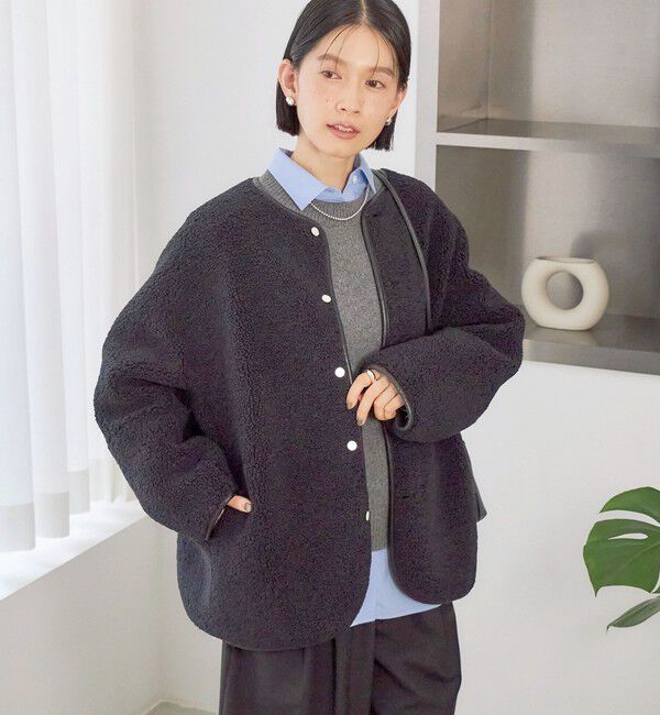 SHIPS for women「《一部予約》【一部WEB限定】〈手洗い可能〉ボア フリース リバーシブル ノーカラー コート」|ブルゾン・スタジャン|