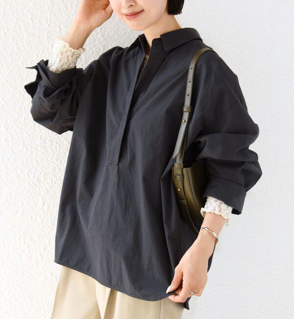 SHIPS for women「〈手洗い可能〉近江晒 サイド スリット スキッパー シャツ」|シャツ・ブラウス|