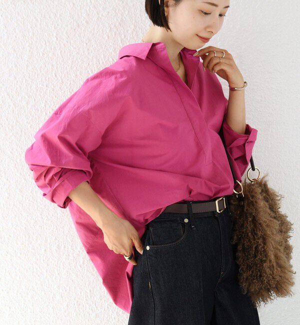 SHIPS for women「〈手洗い可能〉近江晒 サイド スリット スキッパー シャツ」|シャツ・ブラウス|ピンク系