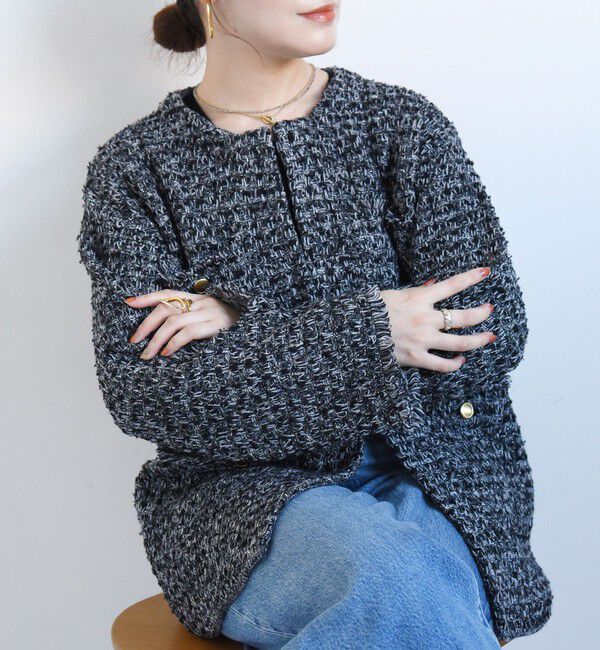 SHIPS for women「〈手洗い可能〉ミディ丈 ミックス ニット ジャケット」|ノーカラージャケット|