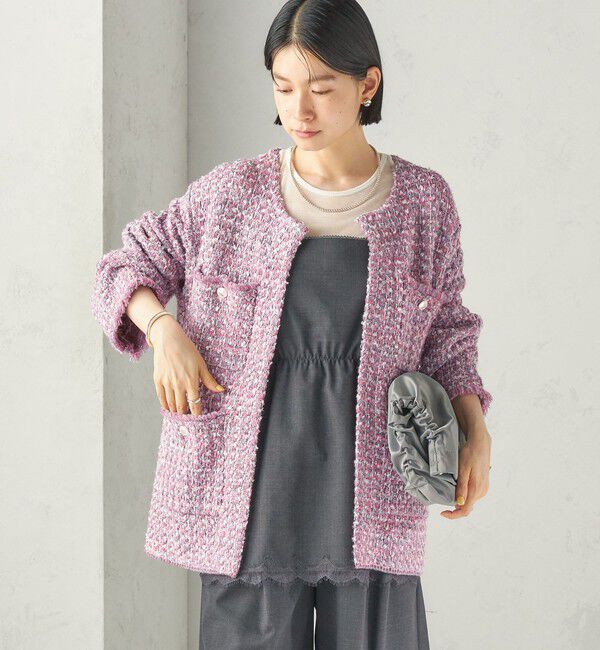 SHIPS for women「〈手洗い可能〉ミディ丈 ミックス ニット ジャケット」|ノーカラージャケット|