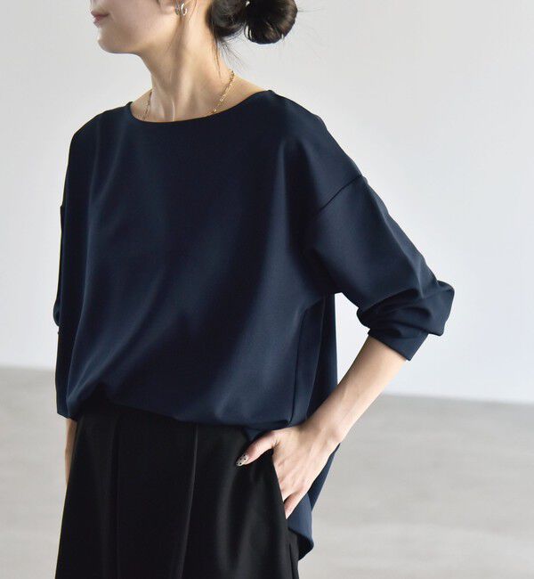 quaranciel「〈洗濯機可能〉カットジョーゼット ラウンドヘム ルーズ プルオーバー」|Tシャツ・カットソー|ネイビー