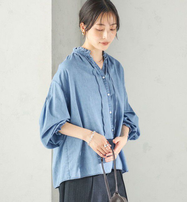 SHIPS for women「《追加予約》〈洗濯機可能〉ライトオンス デニム フリル スキッパー ブラウス」|シャツ・ブラウス|