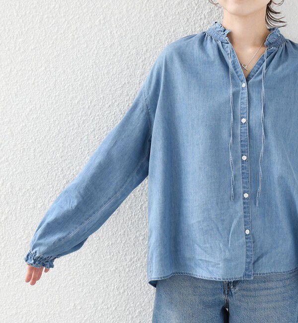 SHIPS for women「《追加予約》〈洗濯機可能〉ライトオンス デニム フリル スキッパー ブラウス」|シャツ・ブラウス|