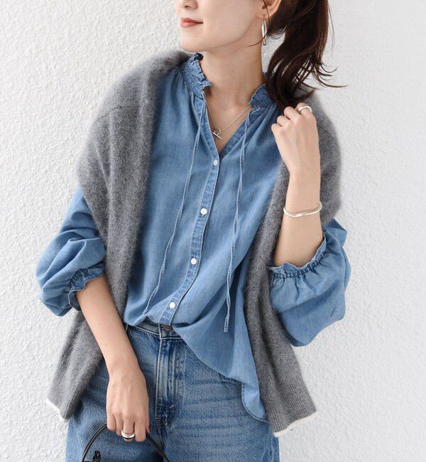 SHIPS for women「《追加予約》〈洗濯機可能〉ライトオンス デニム フリル スキッパー ブラウス」|シャツ・ブラウス|