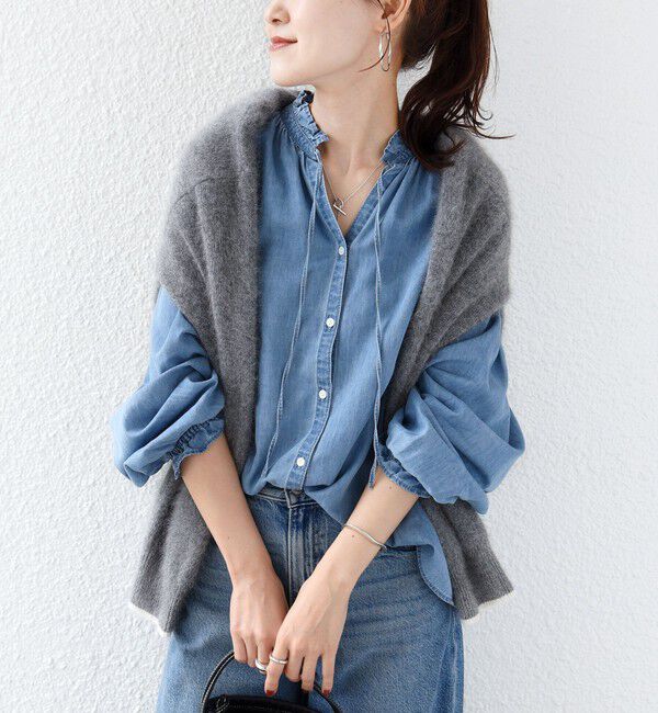 SHIPS for women「《追加予約》〈洗濯機可能〉ライトオンス デニム フリル スキッパー ブラウス」|シャツ・ブラウス|