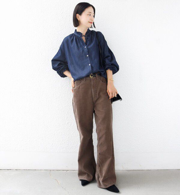 SHIPS for women「《追加予約》〈洗濯機可能〉ライトオンス デニム フリル スキッパー ブラウス」|シャツ・ブラウス|