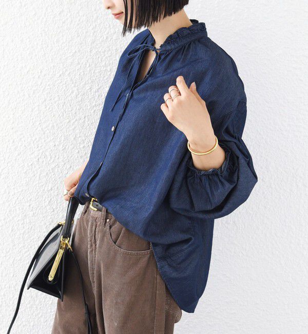 SHIPS for women「《追加予約》〈洗濯機可能〉ライトオンス デニム フリル スキッパー ブラウス」|シャツ・ブラウス|