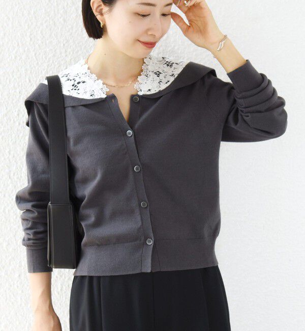 SHIPS for women「【WEB限定】〈手洗い可能〉レース ビッグ カラー ニット カーディガン」|カーディガン|