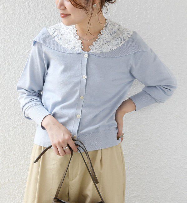 SHIPS for women「【WEB限定】〈手洗い可能〉レース ビッグ カラー ニット カーディガン」|カーディガン|