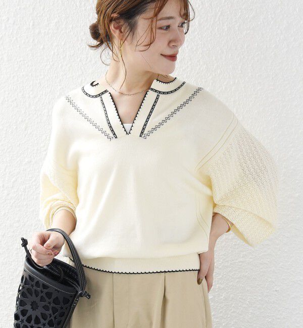 SHIPS for women「【WEB限定】〈手洗い可能〉配色 ステッチ アイレット スキッパー ニット」|ニット・セーター|