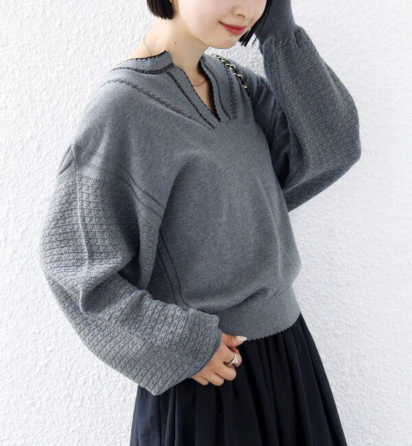 SHIPS for women「【WEB限定】〈手洗い可能〉配色 ステッチ アイレット スキッパー ニット」|ニット・セーター|ダークグレー