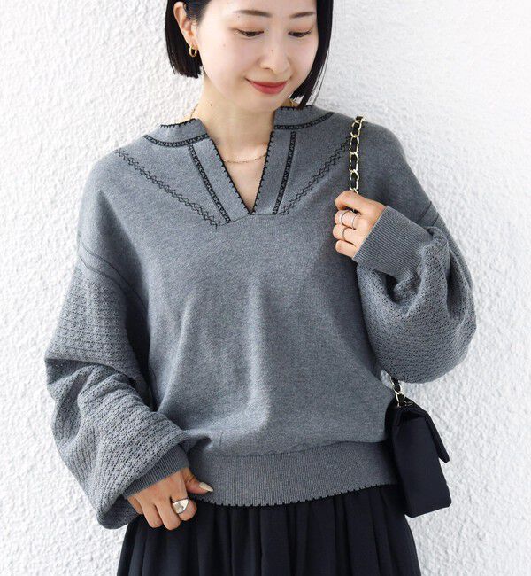 SHIPS for women「【WEB限定】〈手洗い可能〉配色 ステッチ アイレット スキッパー ニット」|ニット・セーター|