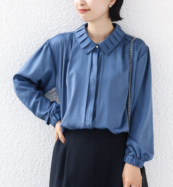 SHIPS for women「〈手洗い可能〉襟 タック サテン ロング スリーブ ブラウス」|シャツ・ブラウス|