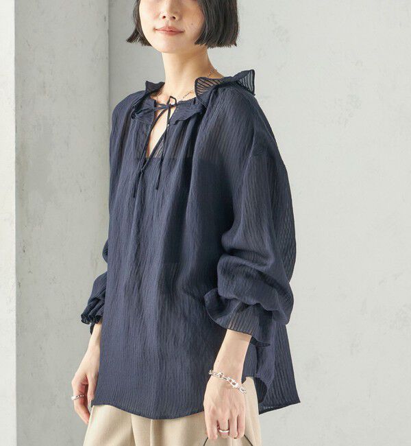SHIPS for women「〈手洗い可能〉ボイル ストライプ ラッフル カラー ブラウス」|シャツ・ブラウス|ネイビー