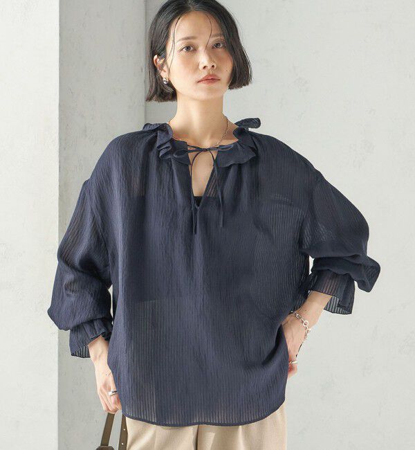 SHIPS for women「〈手洗い可能〉ボイル ストライプ ラッフル カラー ブラウス」|シャツ・ブラウス|