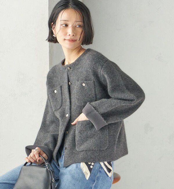SHIPS for women「〈手洗い可能〉ノーカラー ヘアリー ニット ジャケット」|カーディガン|