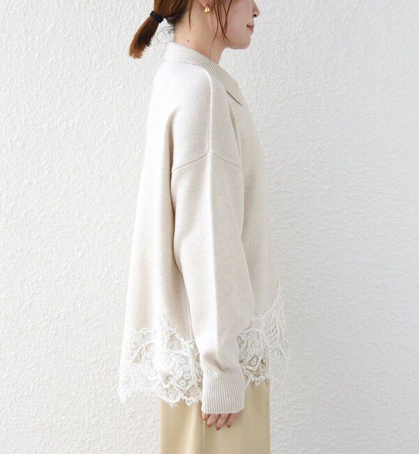 SHIPS for women「《一部追加予約》【WEB限定】〈手洗い可能〉レーストリム スキッパー ポロ襟 ニット」|ニット・セーター|