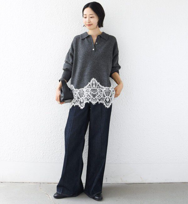 SHIPS for women「《一部追加予約》【WEB限定】〈手洗い可能〉レーストリム スキッパー ポロ襟 ニット」|ニット・セーター|