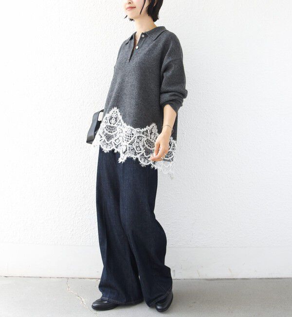 SHIPS for women「《一部追加予約》【WEB限定】〈手洗い可能〉レーストリム スキッパー ポロ襟 ニット」|ニット・セーター|