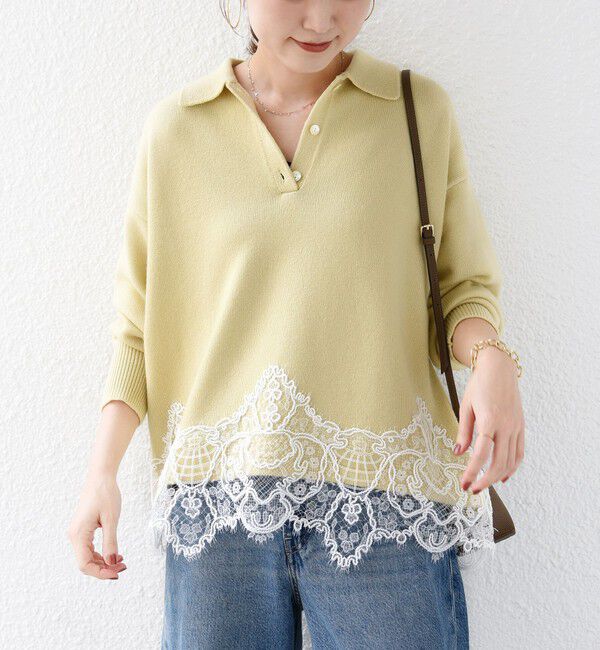 SHIPS for women「《一部追加予約》【WEB限定】〈手洗い可能〉レーストリム スキッパー ポロ襟 ニット」|ニット・セーター|