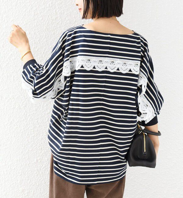 SHIPS for women「【WEB限定】〈手洗い可能〉バック レース 袖 ロング リブ ドルマン プルオーバー」|Tシャツ・カットソー|ネイビー
