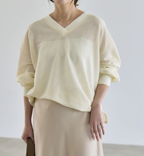 quaranciel「〈洗濯機可能〉シアー ダンボール ボタン Vネック ルーズ プルオーバー」|Tシャツ・カットソー|ナチュラル