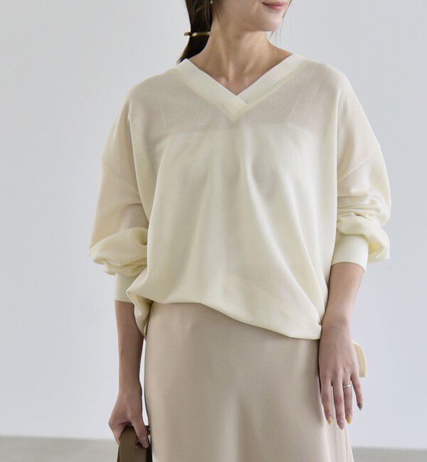 quaranciel「〈洗濯機可能〉シアー ダンボール ボタン Vネック ルーズ プルオーバー」|Tシャツ・カットソー|