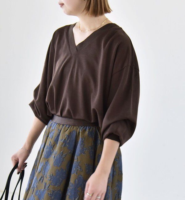 quaranciel「〈洗濯機可能〉シアー ダンボール ボタン Vネック ルーズ プルオーバー」|Tシャツ・カットソー|ブラウン