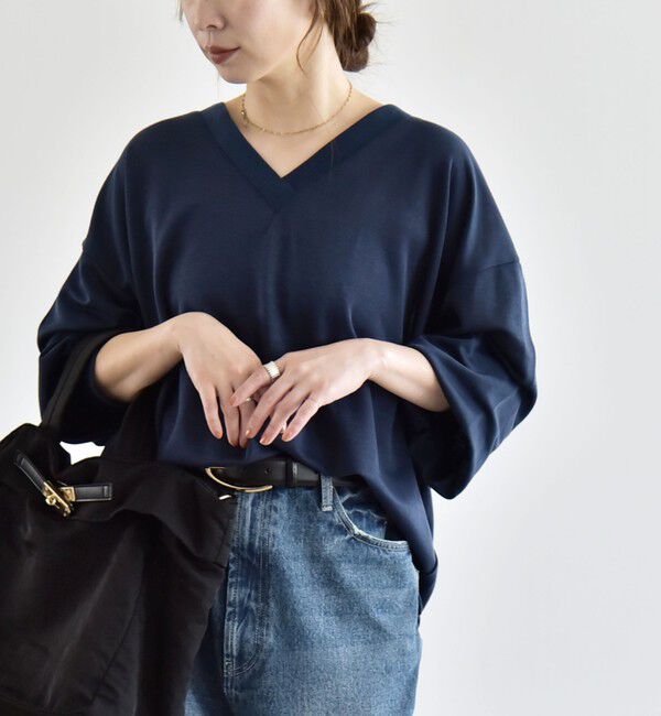 quaranciel「〈洗濯機可能〉シアー ダンボール ボタン Vネック ルーズ プルオーバー」|Tシャツ・カットソー|