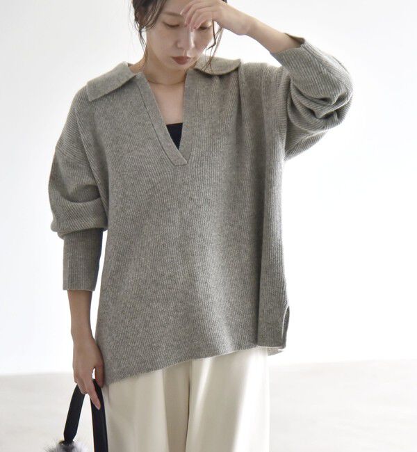 quaranciel「〈手洗い可能〉AQUA カシミヤ ミックス アゼ スキッパー ポロ ニット」|ニット・セーター|