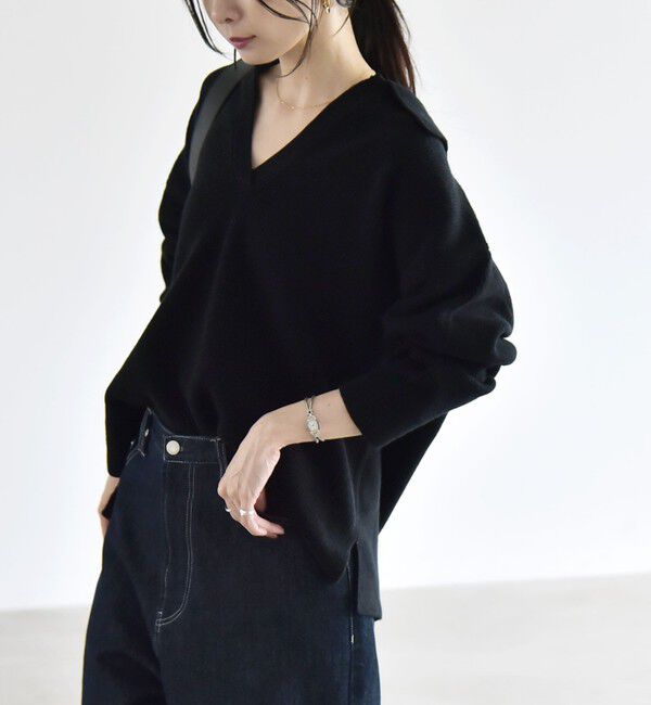 quaranciel「〈手洗い可能〉AQUA カシミヤ ミックス アゼ スキッパー ポロ ニット」|ニット・セーター|ブラック
