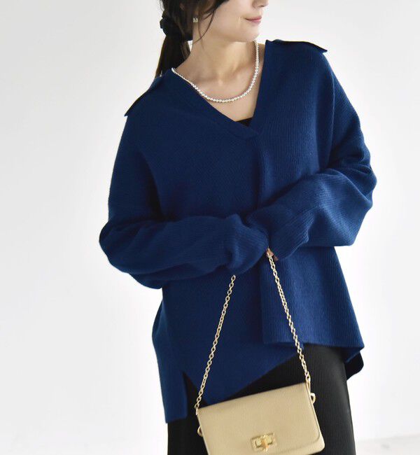 quaranciel「〈手洗い可能〉AQUA カシミヤ ミックス アゼ スキッパー ポロ ニット」|ニット・セーター|