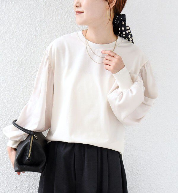 SHIPS for women「〈洗濯機可能〉袖 サテン ギャザー スリーブ ニット リブ コンビ プルオーバー」|Tシャツ・カットソー|