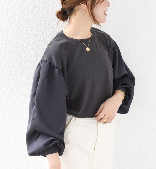 SHIPS for women「〈洗濯機可能〉袖 サテン ギャザー スリーブ ニット リブ コンビ プルオーバー」|Tシャツ・カットソー|ダークグレー