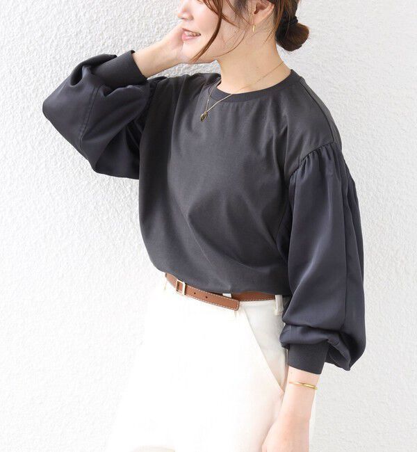 SHIPS for women「〈洗濯機可能〉袖 サテン ギャザー スリーブ ニット リブ コンビ プルオーバー」|Tシャツ・カットソー|