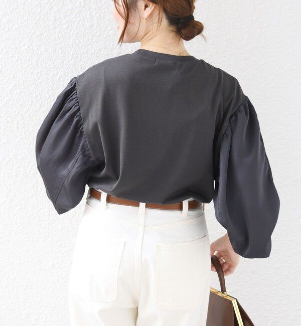 SHIPS for women「〈洗濯機可能〉袖 サテン ギャザー スリーブ ニット リブ コンビ プルオーバー」|Tシャツ・カットソー|