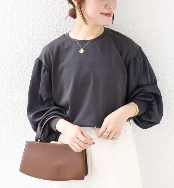 SHIPS for women「〈洗濯機可能〉袖 サテン ギャザー スリーブ ニット リブ コンビ プルオーバー」|Tシャツ・カットソー|