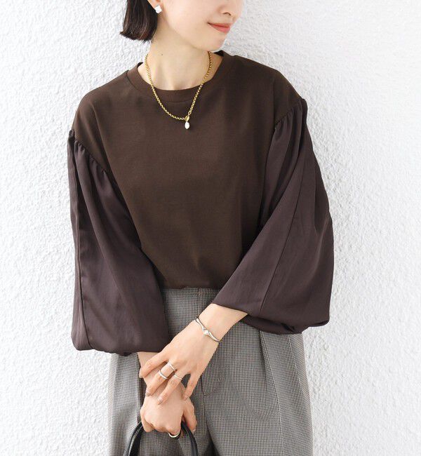 SHIPS for women「〈洗濯機可能〉袖 サテン ギャザー スリーブ ニット リブ コンビ プルオーバー」|Tシャツ・カットソー|