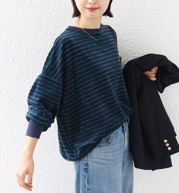 SHIPS for women「【WEB限定】〈手洗い可能〉モール リップル ボーダー 裾 ドロスト プルオーバー」|Tシャツ・カットソー|