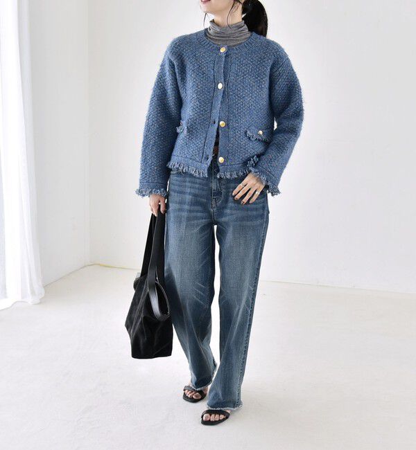 quaranciel「〈手洗い可能〉ニット ツイード クルーネック ジャケット カーディガン」|カーディガン|