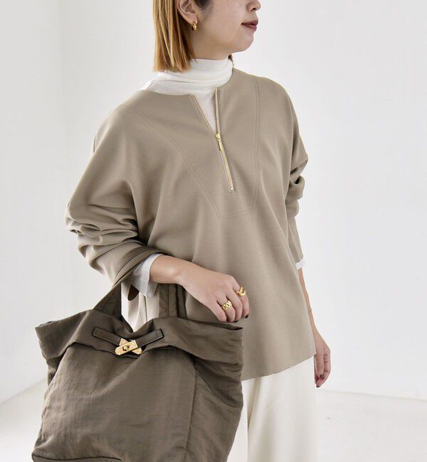 quaranciel「《予約》〈手洗い可能〉カットジョーゼット ハーフジップ クルーネック プルオーバー」|Tシャツ・カットソー|ベージュ