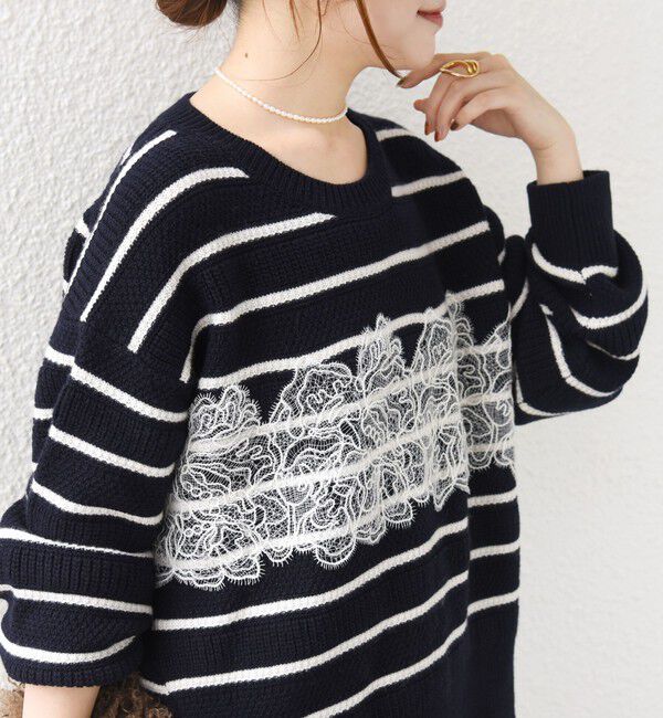 SHIPS for women「《予約》【WEB限定】〈手洗い可能〉フラワー レース ドッキング ボーダー ニット」|ニット・セーター|