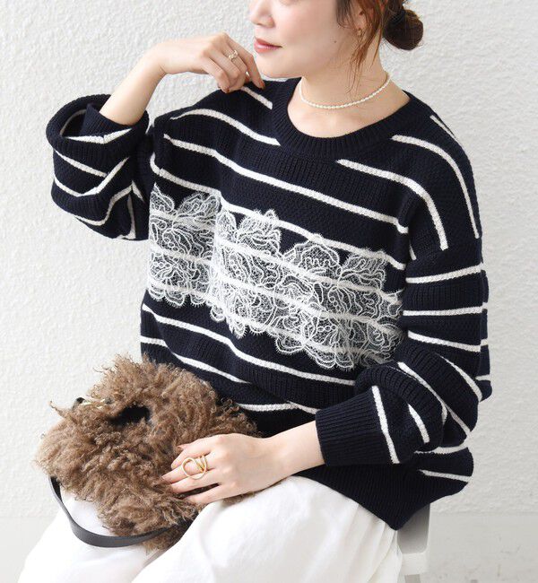 SHIPS for women「《予約》【WEB限定】〈手洗い可能〉フラワー レース ドッキング ボーダー ニット」|ニット・セーター|
