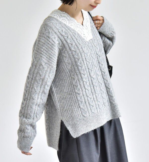 SHIPS for women「《予約》【WEB限定】〈手洗い可能〉レース ネック ラメ ケーブル Vネック ニット」|ニット・セーター|